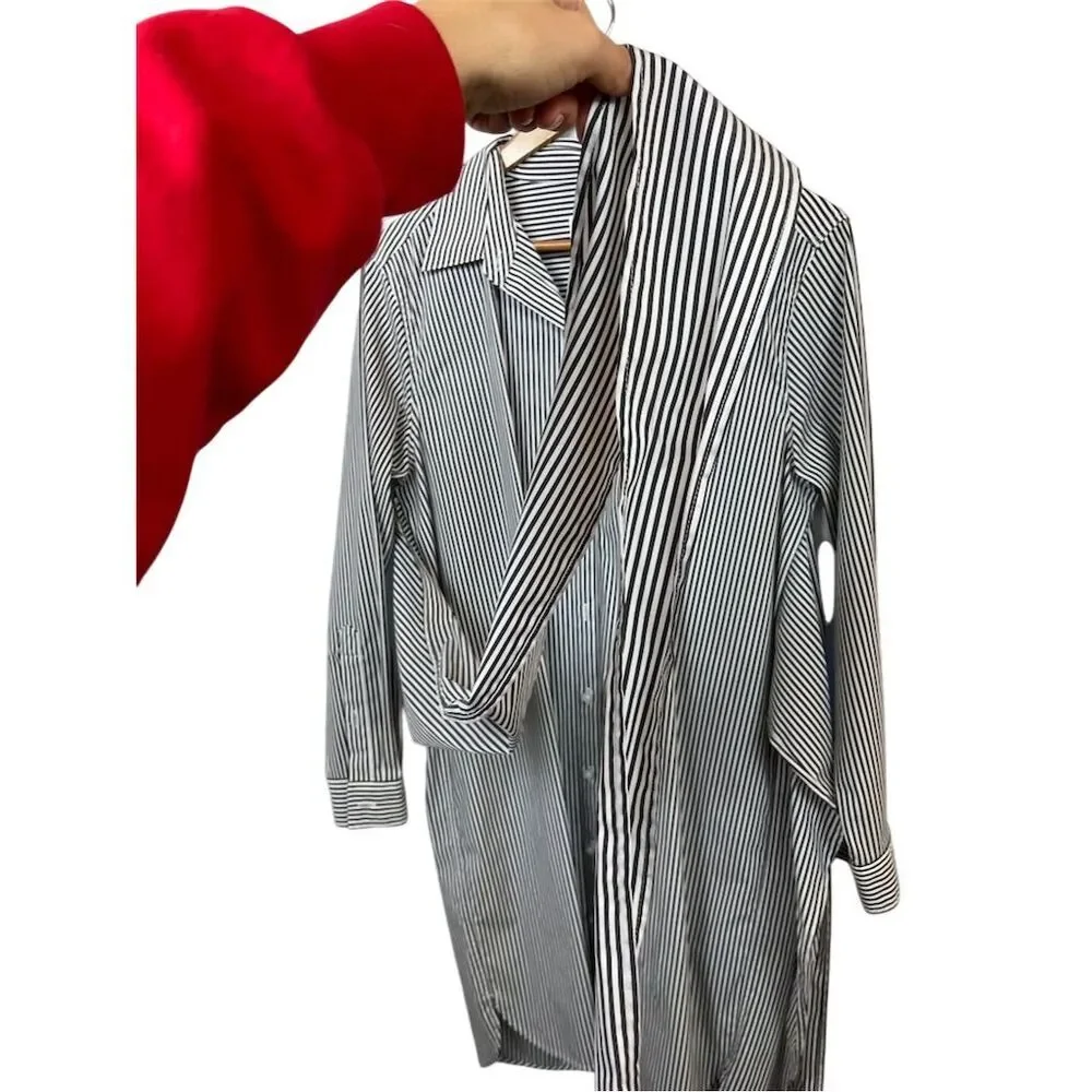 DKNY  Women's Size 12 Black Striped Tie-Waist Shirtdress Knee Length